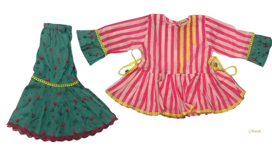 Neon pink top with floral green sharara