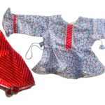 Blue floral print Angrakha top with red bandhani dhoti
