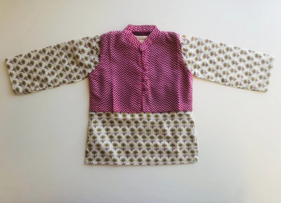 Sanganeri print kurta with leheriya jacket
