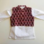 White kurta pajama with maroon ikat jacket